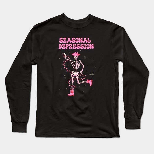 Seasonal Depression xmas art, Dancing skeleton in cowboy boots Christmas illustration Long Sleeve T-Shirt by WeirdyTales